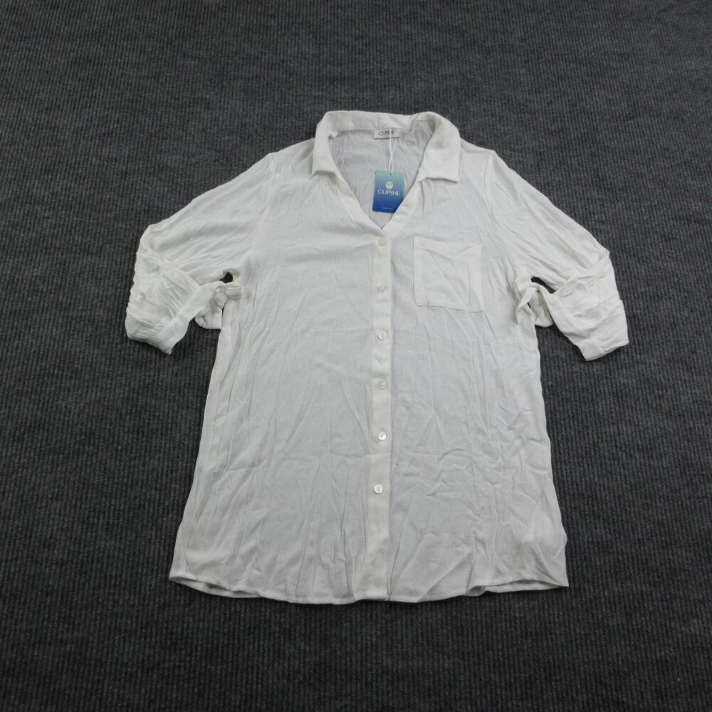 CUPSHE Tunic Blouse Womens M White Collared 3/4 Sleeve Button Relaxed NWT